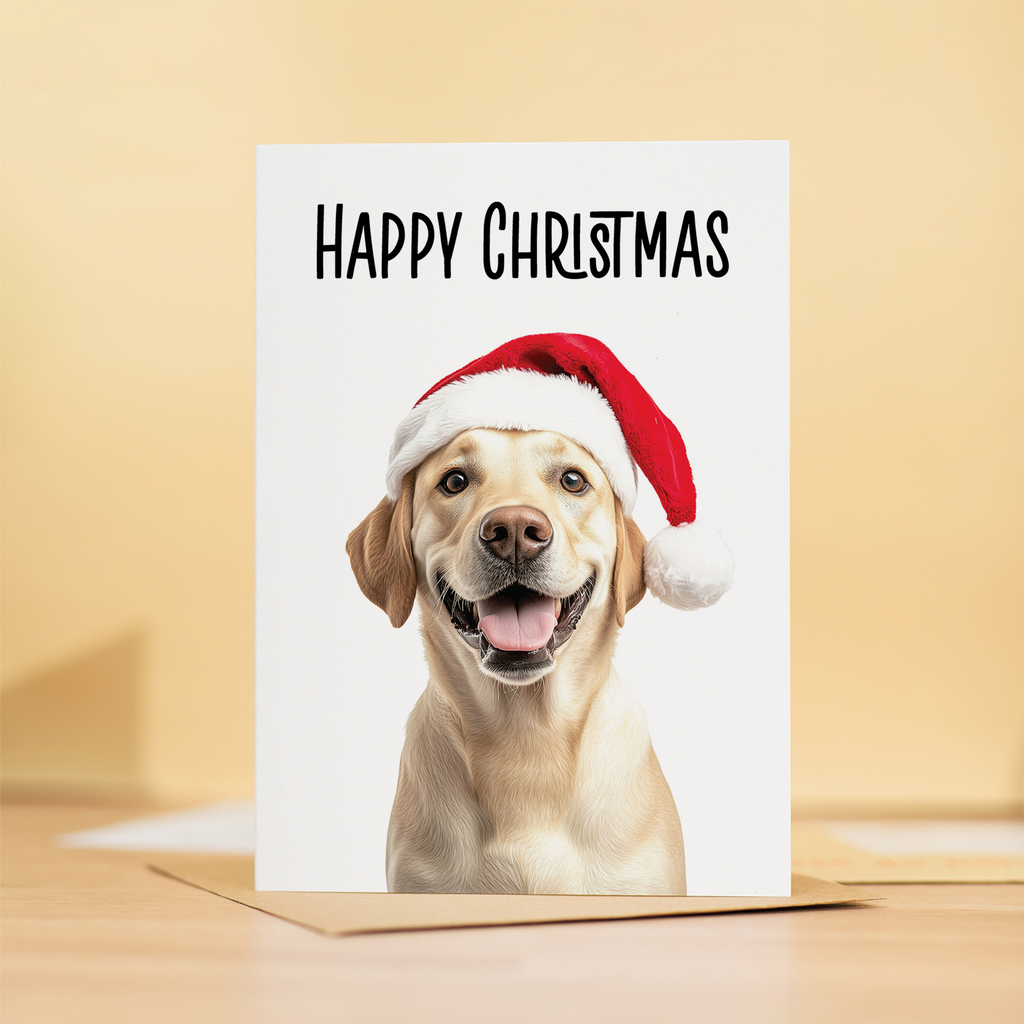 Adorable Golden Labrador Wearing a Santa Hat Christmas Card, Eco-Friendly Material, For Him or Her