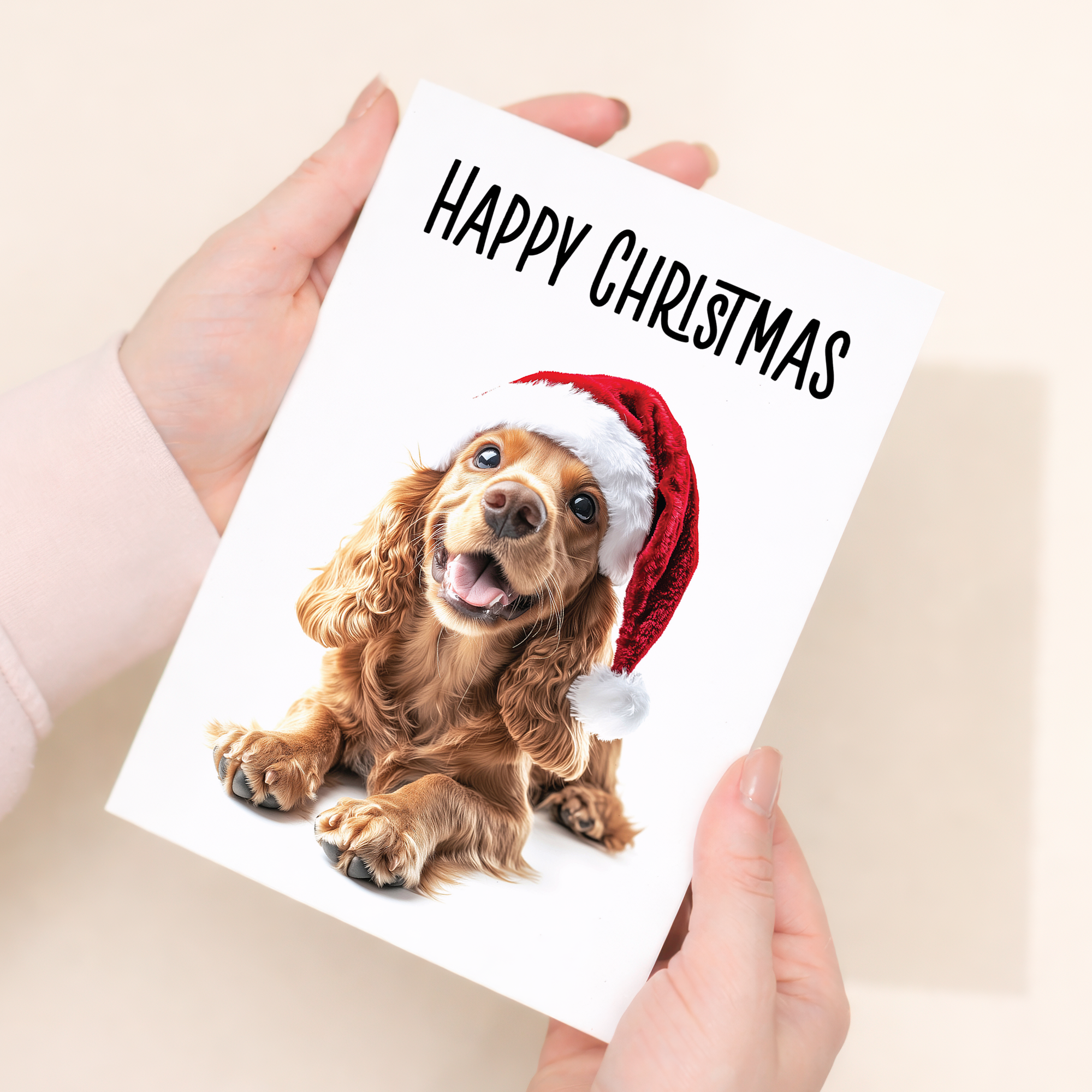 Whimsical Red Cocker Spaniel Dog Wearing a Santa Hat Christmas Card, Eco-Friendly Material, For Him or Her