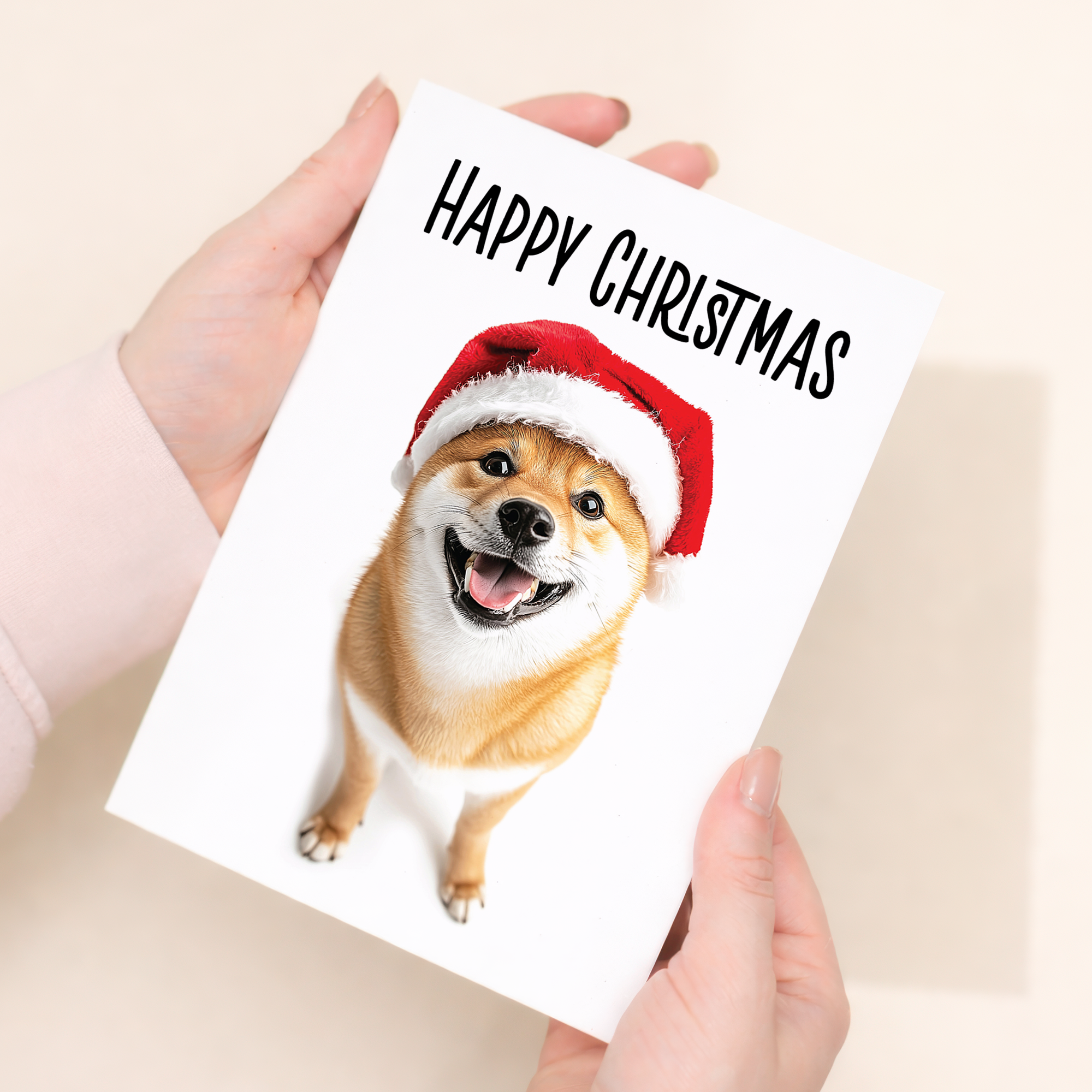 Whimsical Shiba Inu Dog Wearing A Santa Hat Christmas Card, Eco-Friendly Material, For Him or Her