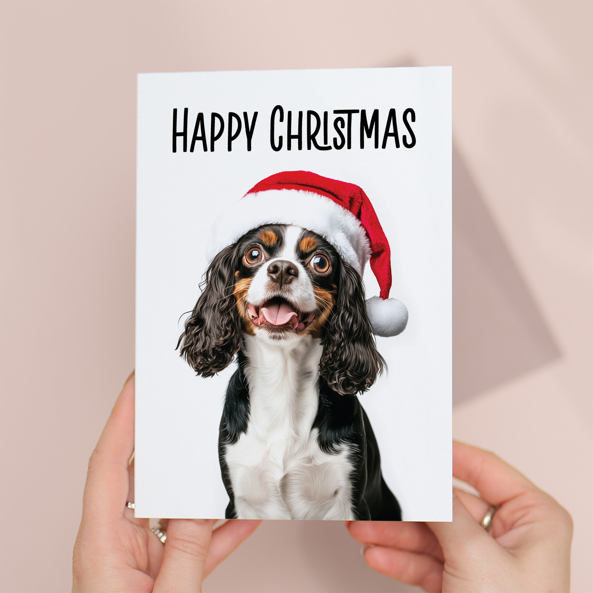 Whimsical Christmas Card featuring a Cavalier Spaniel wearing a Santa Hat, Eco-Friendly Material, For Him or Her