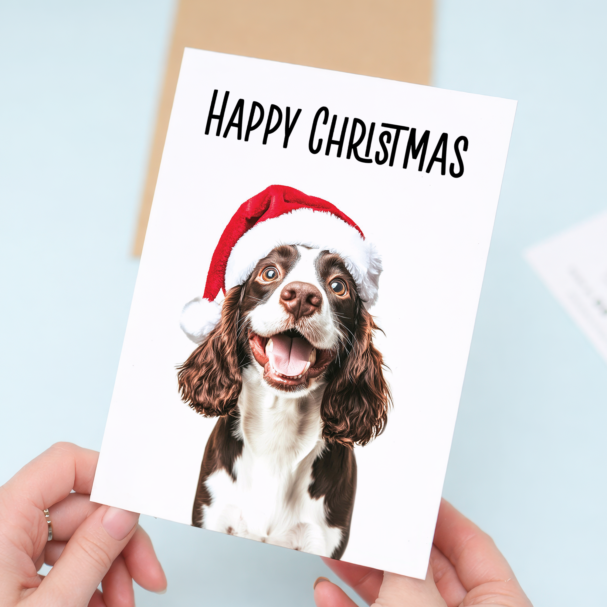 Fun Christmas Springer Spaniel Dog Card Wearing a Santa Hat, Eco-Friendly Material, For Him or Her