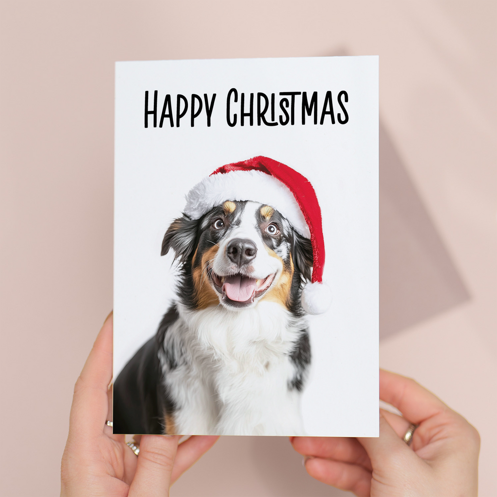 Whimsical Australian Shepherd Dog Wearing A Santa Hat Christmas Card, Eco-Friendly Material, For Him or Her