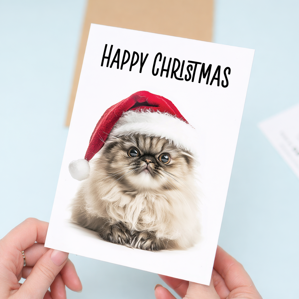 Whimsical Christmas Card of a Persian Cat Wearing a Santa Hat, Eco-Friendly Material, For Him or Her
