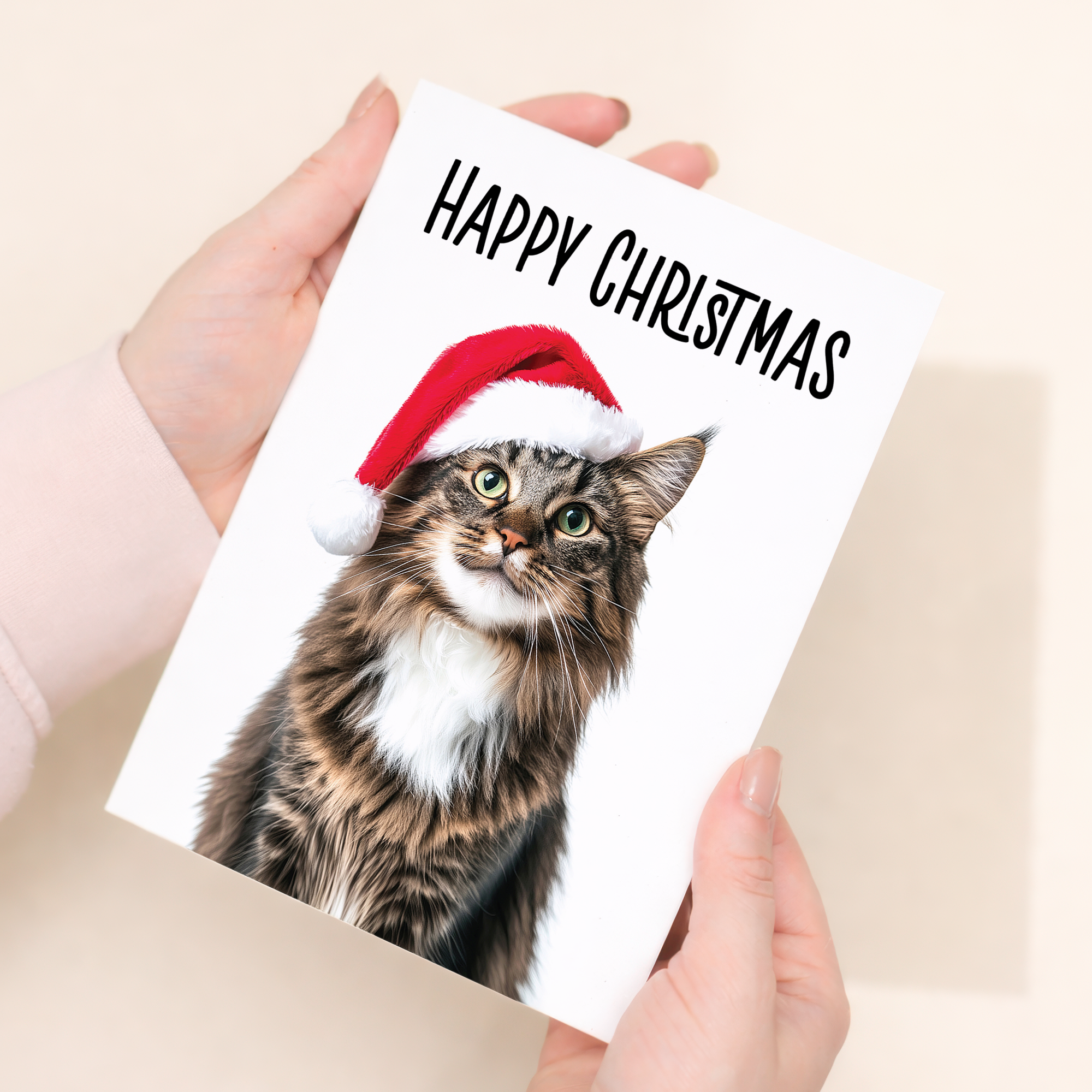 Whimsical Maine Coon Cat Wearing a Santa Hat Christmas Card, Eco-Friendly Material, For Him or Her