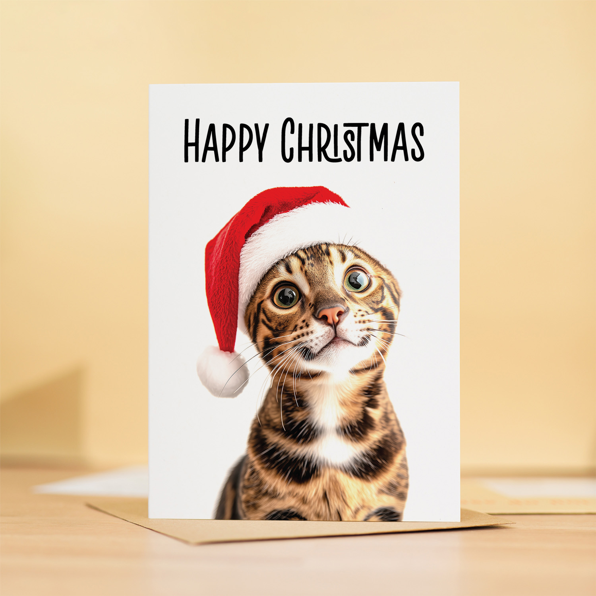 Whimsical Christmas Card of a Bengal Cat Wearing a Santa Hat, Eco-Friendly Material, For Him or Her