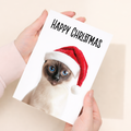Whimsical Siamese Cat Christmas Card with Santa Hat, Eco-Friendly Material, For Him or Her