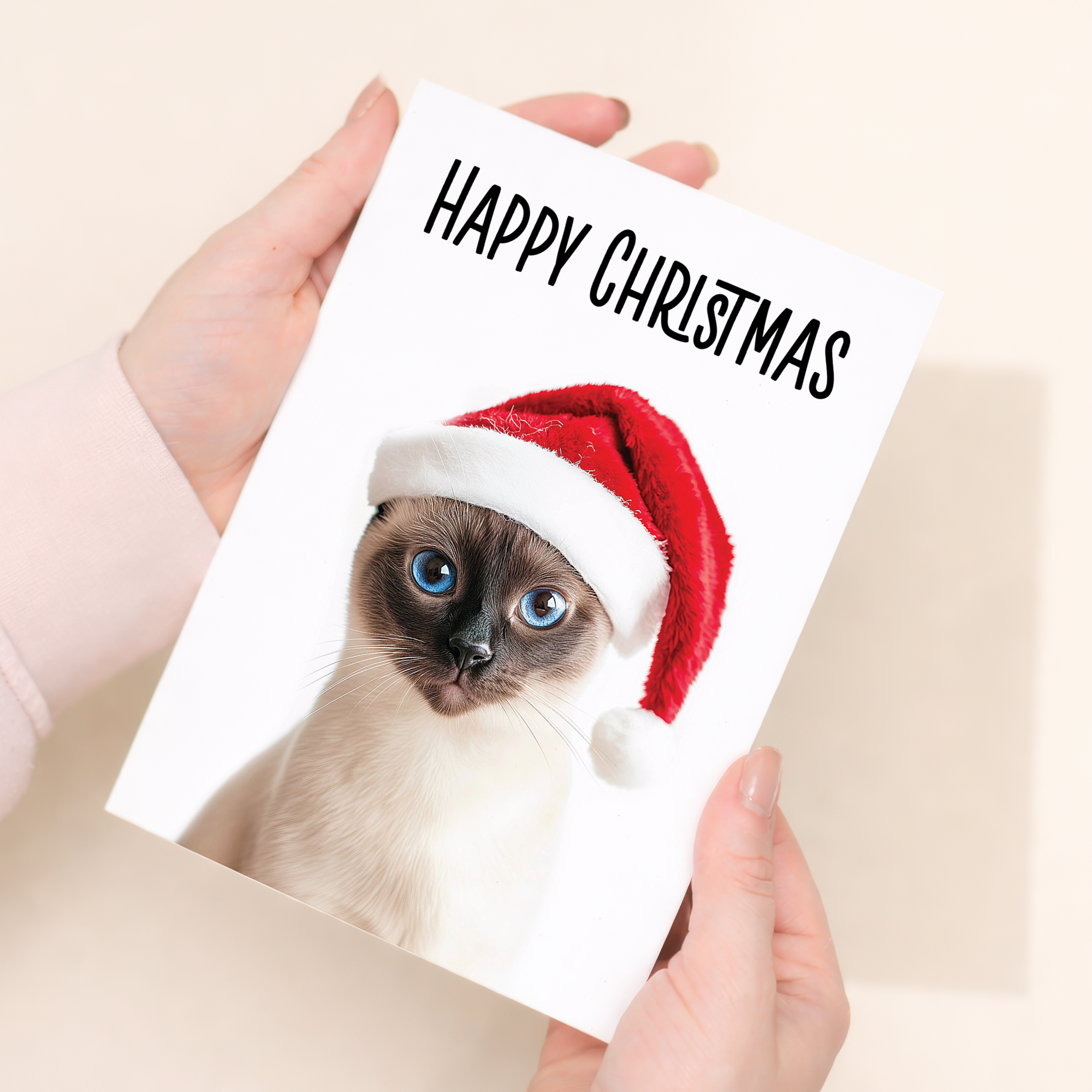 Whimsical Siamese Cat Christmas Card with Santa Hat, Eco-Friendly Material, For Him or Her