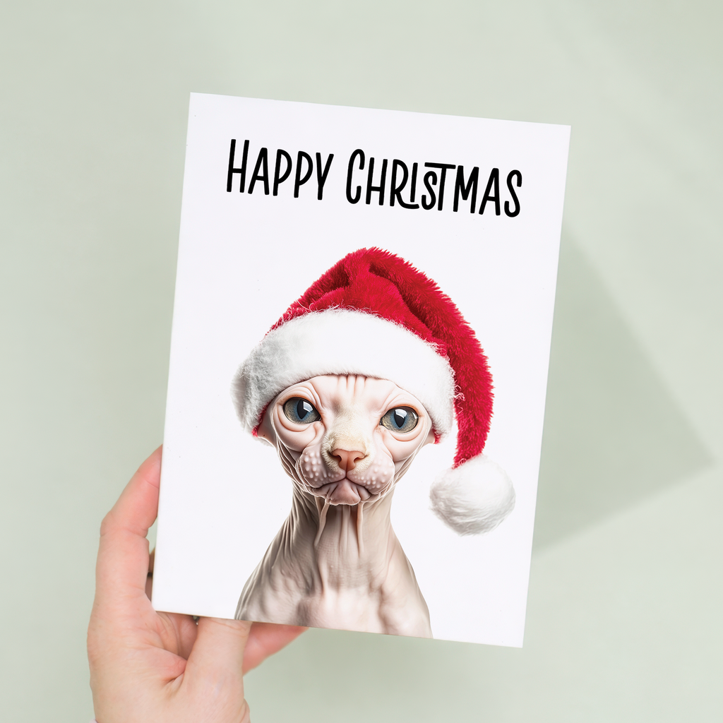 Whimsical Sphynx Cat Wearing a Santa Hat Christmas Card, Eco-Friendly Material, For Him or Her