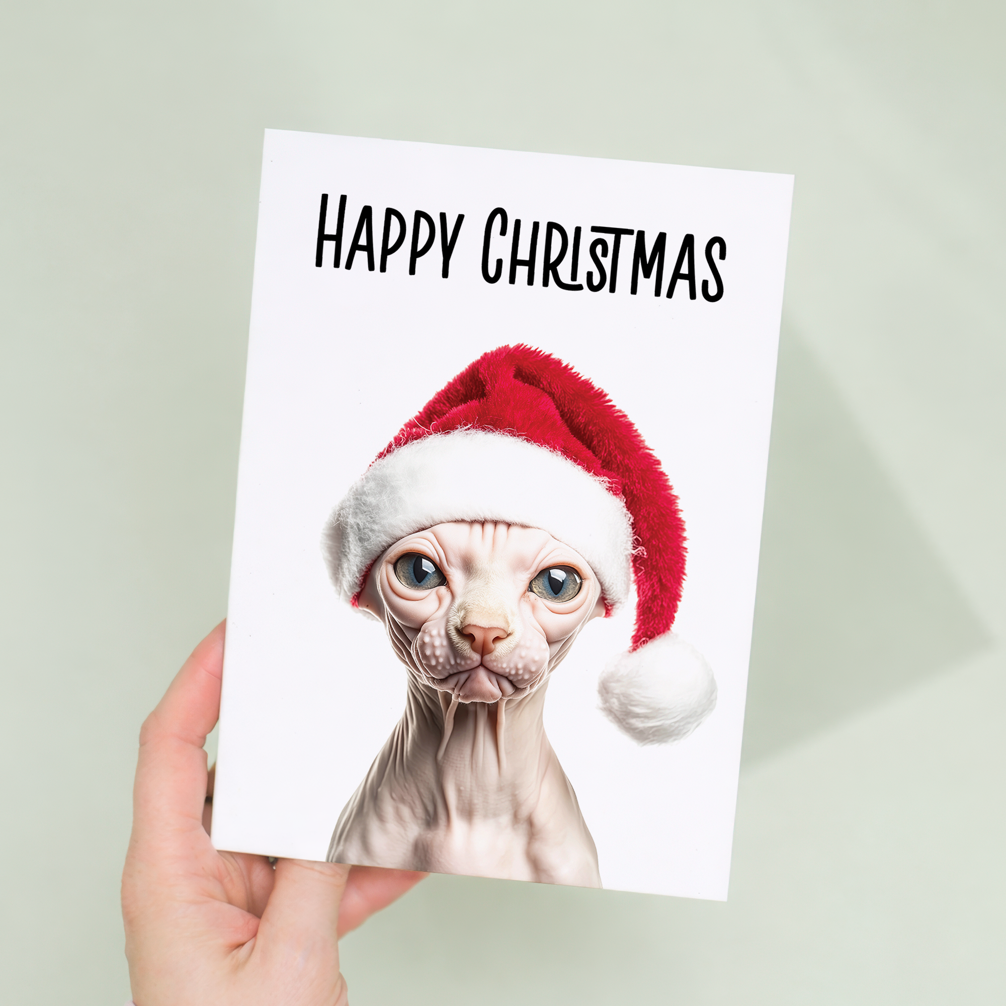 Whimsical Sphynx Cat Wearing a Santa Hat Christmas Card, Eco-Friendly Material, For Him or Her
