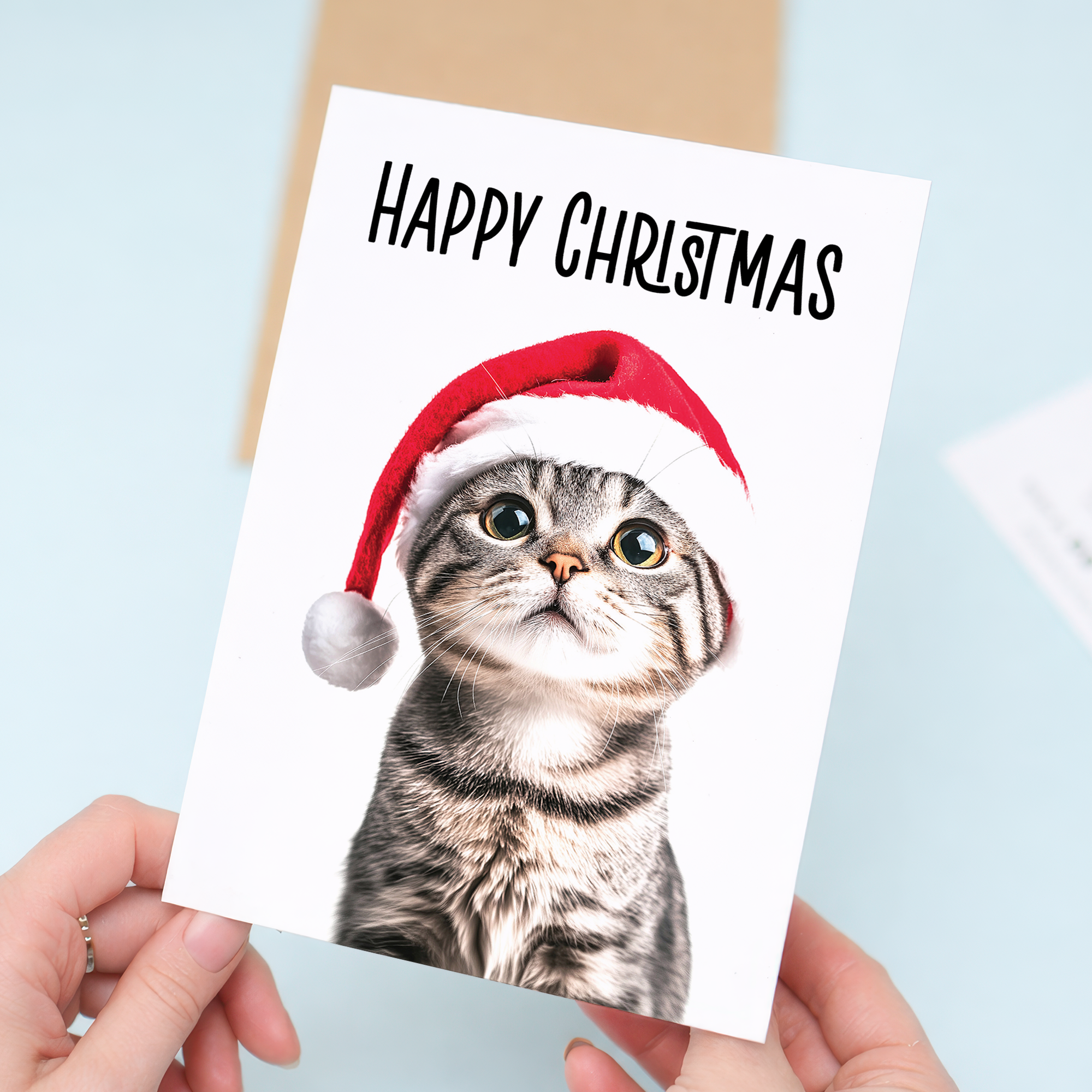 Whimsical Scottish Fold Cat Christmas Card with Santa Hat, Eco-Friendly Material, For Him or Her