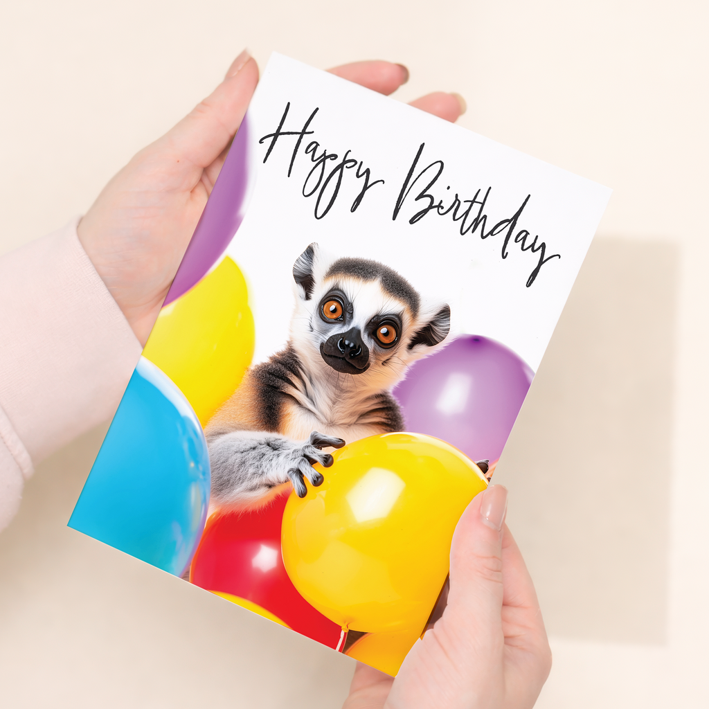 Adorable Lemur Birthday Card with Colorful Balloons, Eco-Friendly Material, For Him or Her