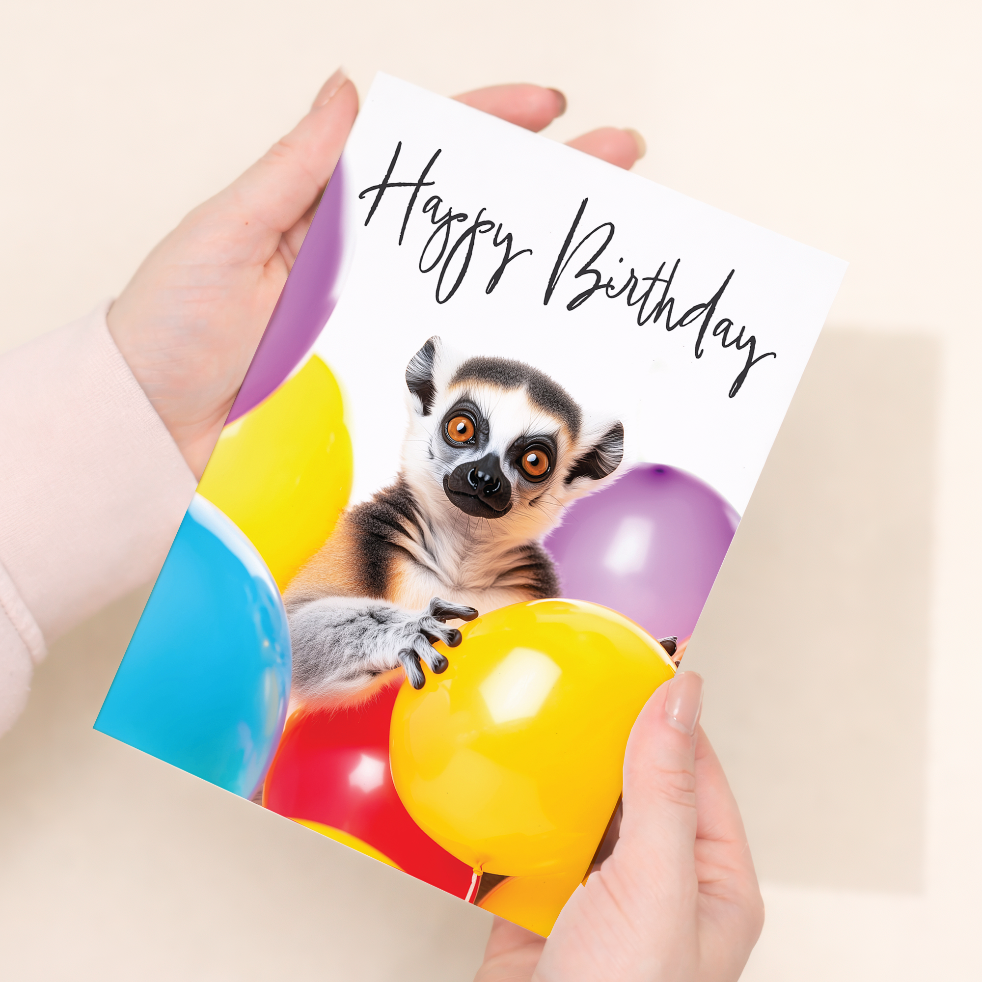 Adorable Lemur Birthday Card with Colorful Balloons, Eco-Friendly Material, For Him or Her