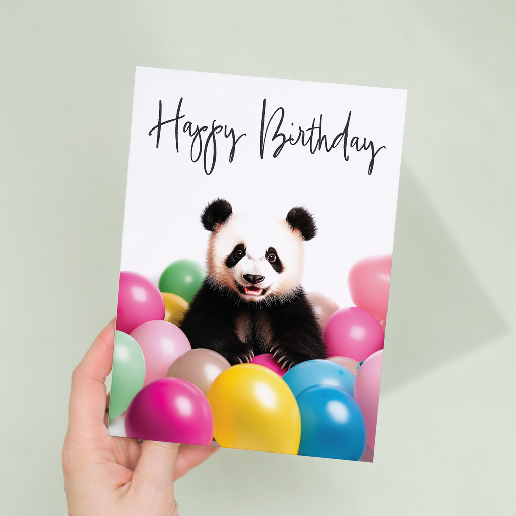 Adorable Panda Birthday Card with Colorful Balloons, Eco-Friendly Material, For Him or Her