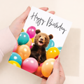 Adorable Bear Birthday Card with Colorful Balloons, Eco-Friendly Material, For Him or Her