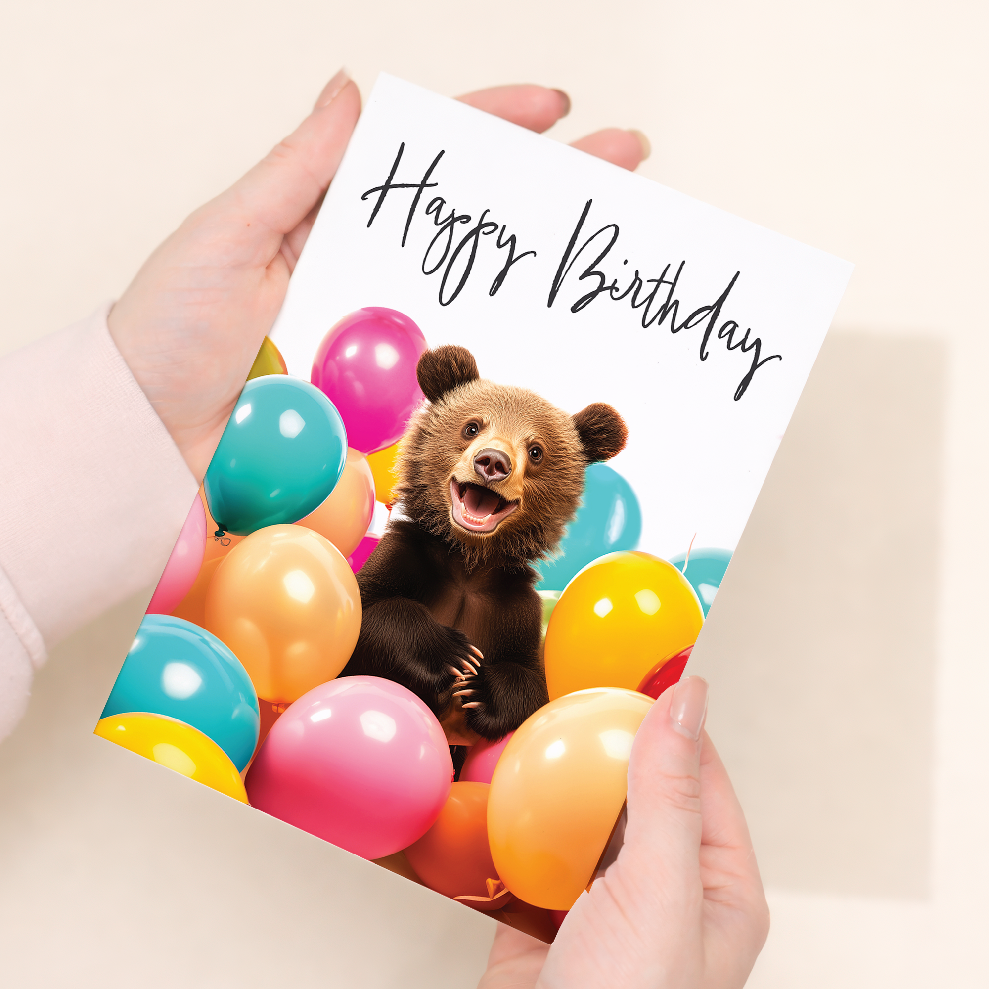 Adorable Bear Birthday Card with Colorful Balloons, Eco-Friendly Material, For Him or Her