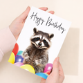 Adorable Raccoon Birthday Card with Colorful Balloons, Eco-Friendly Material, For Him or Her