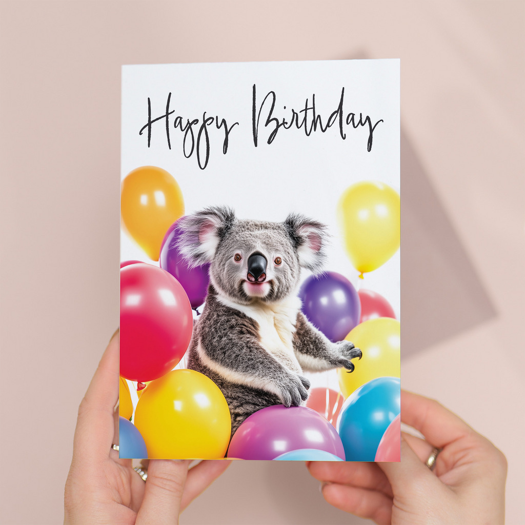Adorable Koala Birthday Card with Colorful Balloons, Eco-Friendly Material, For Him or Her