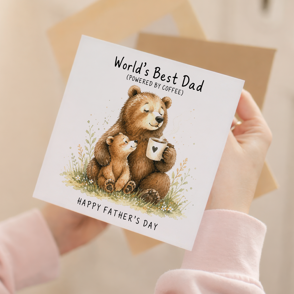 Father's Day Card World's Best Dad Bear Powered By Coffee