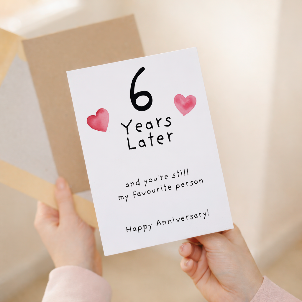Elegant 6th Wedding Anniversary greeting card for a wife, husband, boyfriend, or girlfriend, featuring a clean design on sustainable recycled cardstock, paired with a rustic brown Kraft envelope.