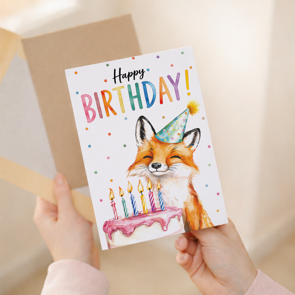 Birthday Card Cute Fox With Cake