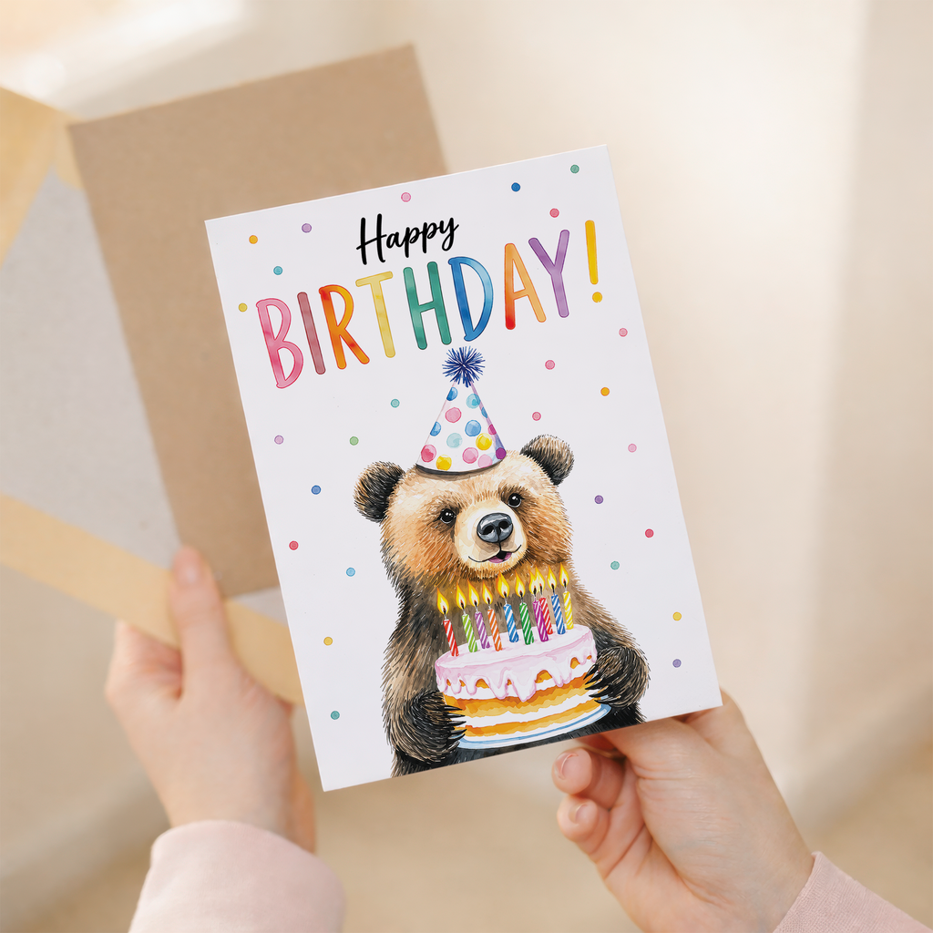 Birthday Card Cute Bear Holding Cake