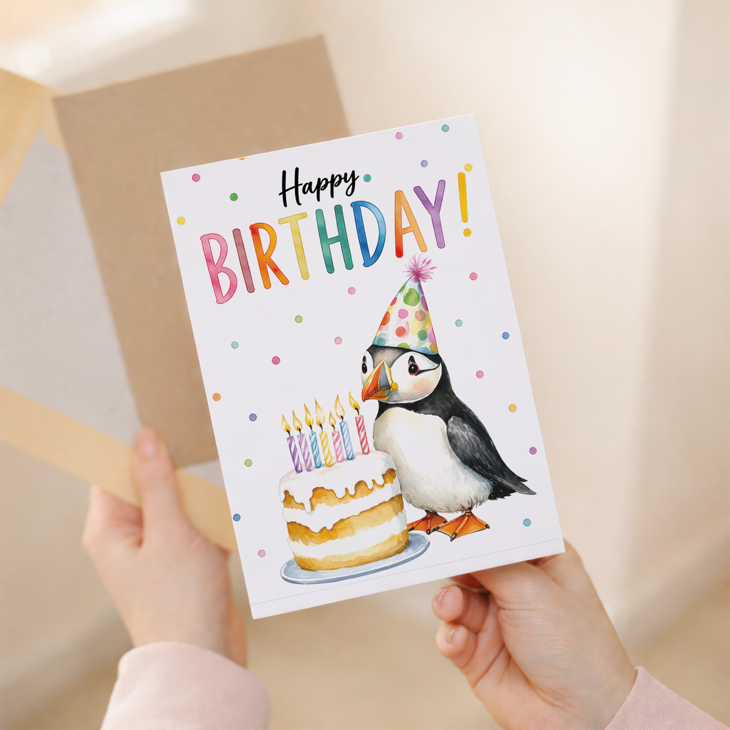 Birthday Card Cute Puffin With Cake