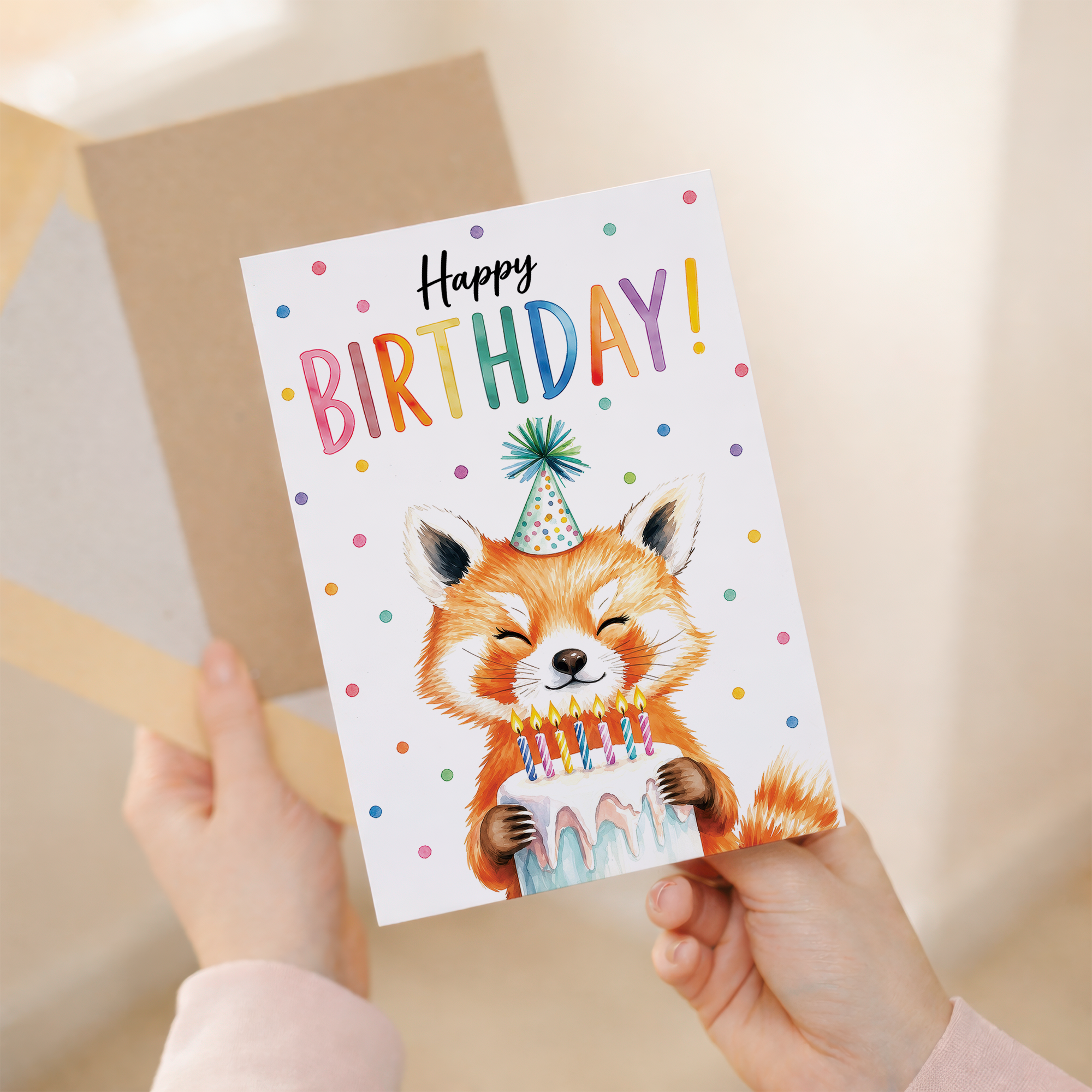 Birthday Card Cute Red Panda Holding Cake