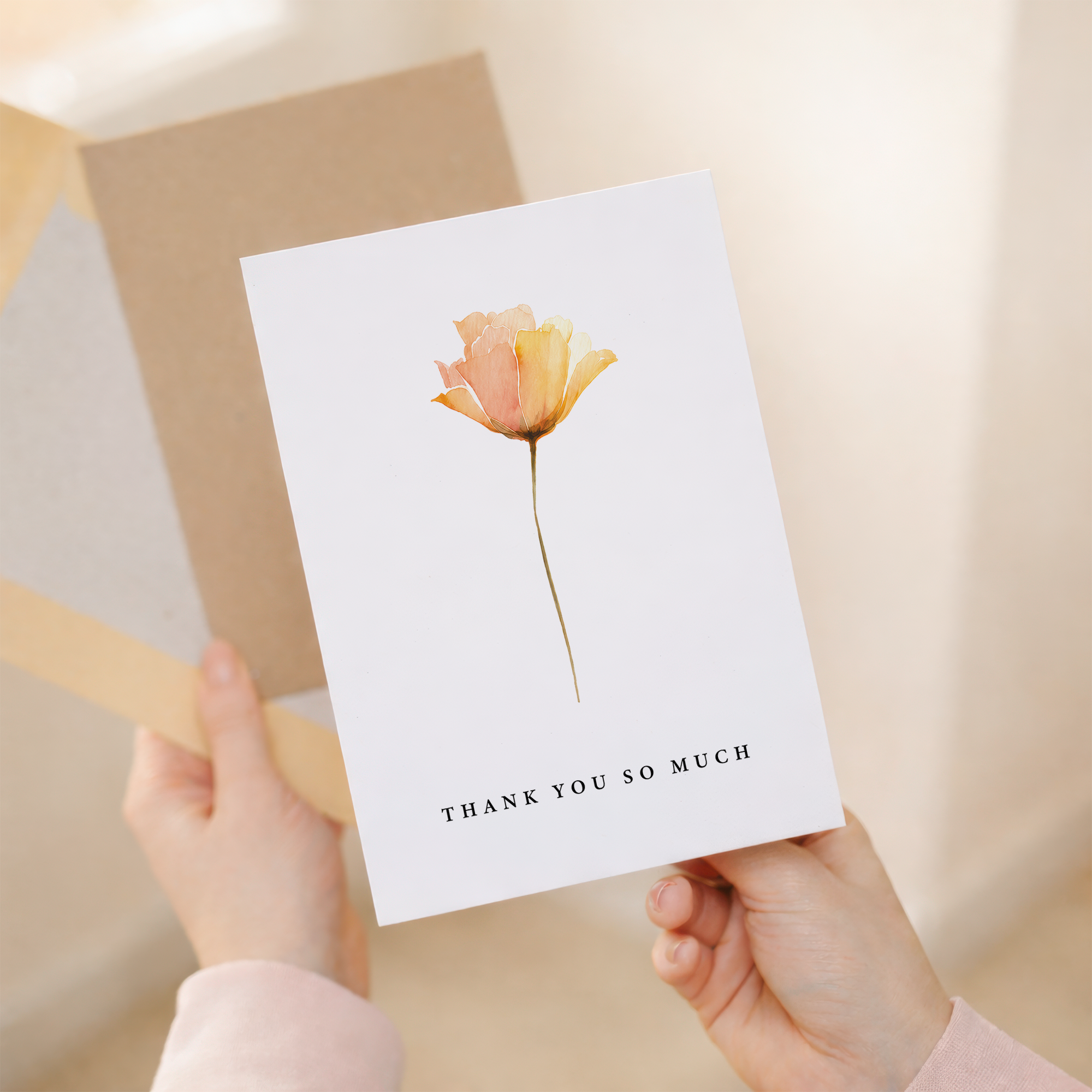 Thank You So Much Card Orange Watercolour Flower Greeting Card