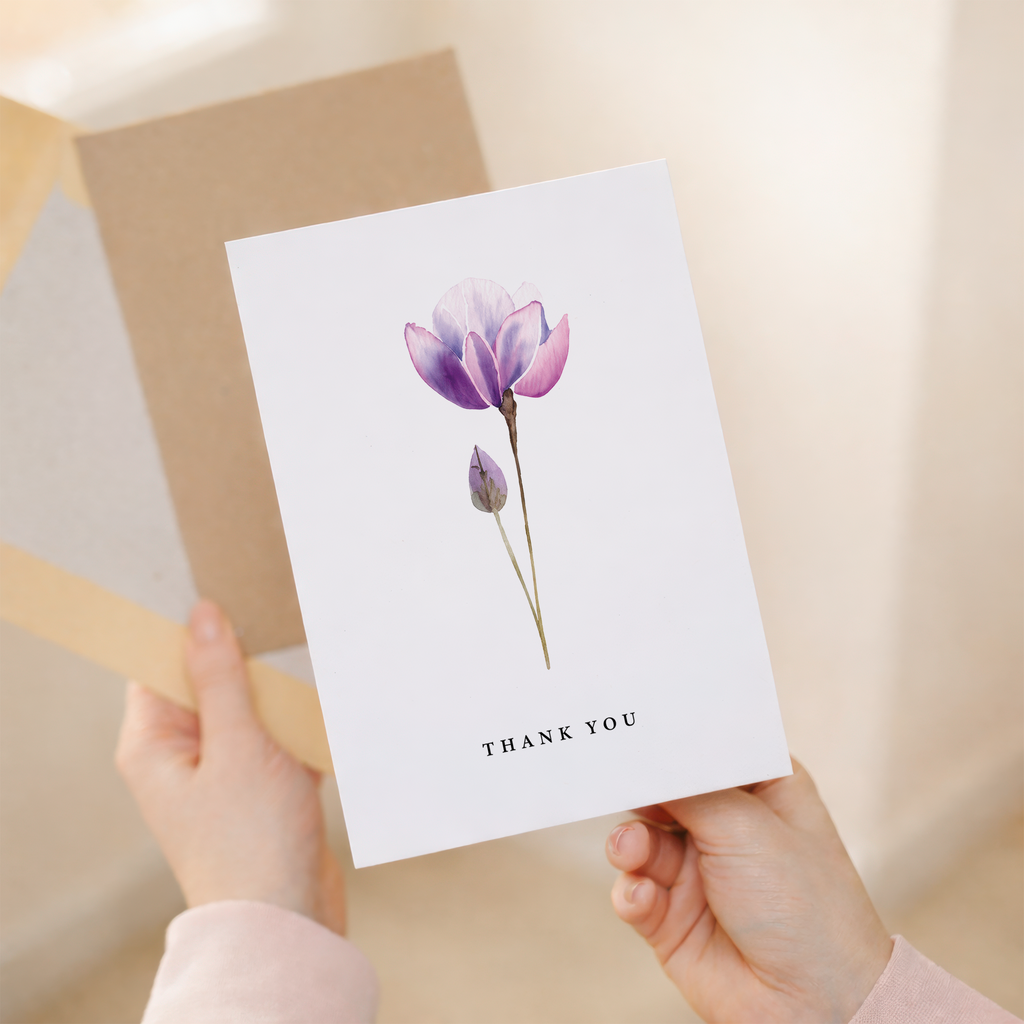 Thank You Card Purple Watercolour Flower Botanical Greeting Card