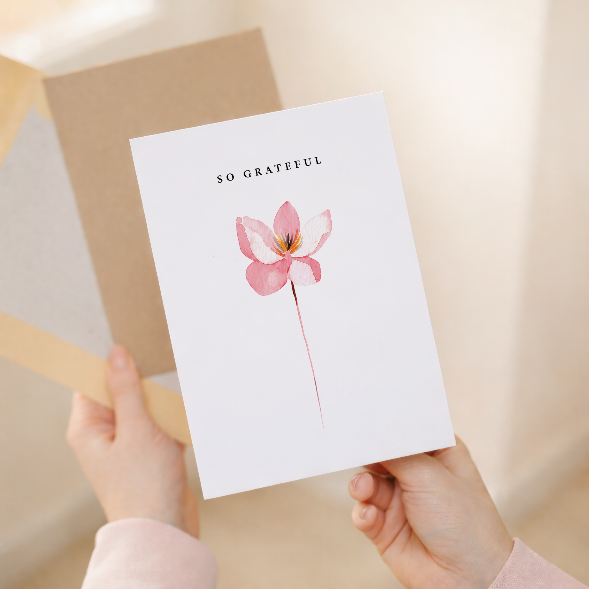 So Grateful Card Pink Watercolour Flower Thank You Greeting Card