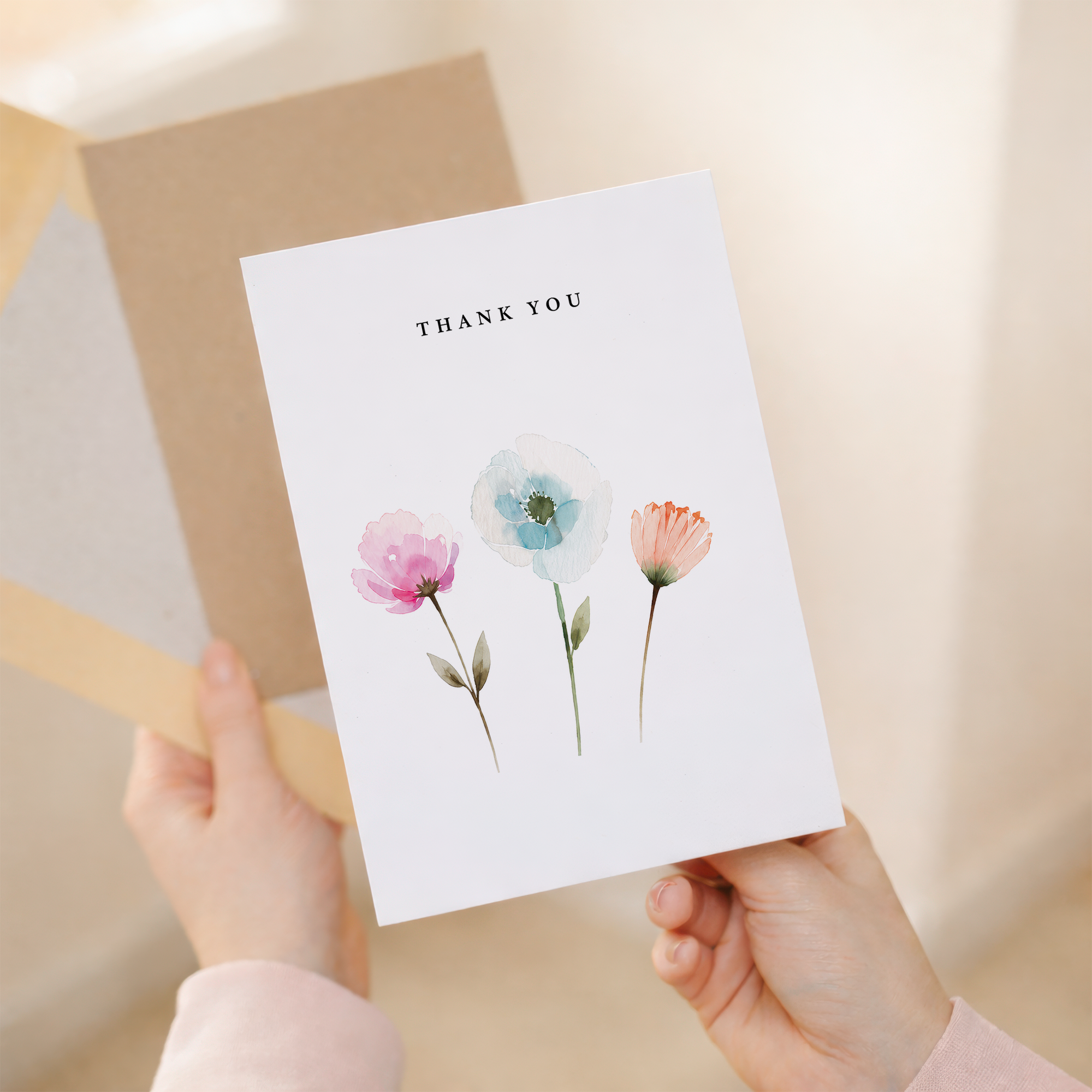Thank You Card Three Watercolour Flowers Floral Greeting Card