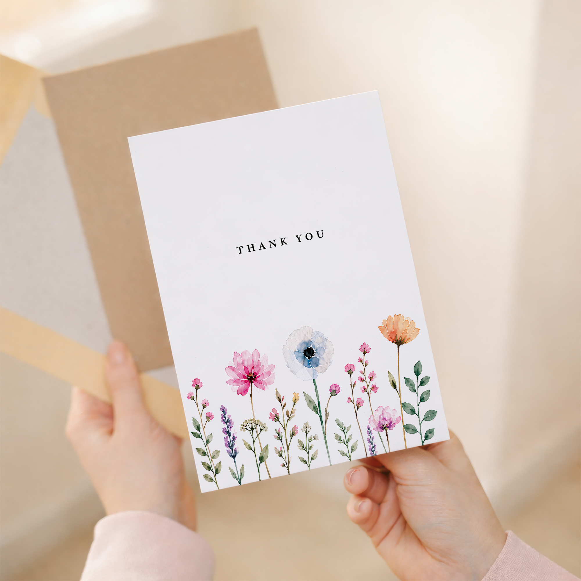 Thank You Card Watercolour Wildflower Border Floral Greeting Card