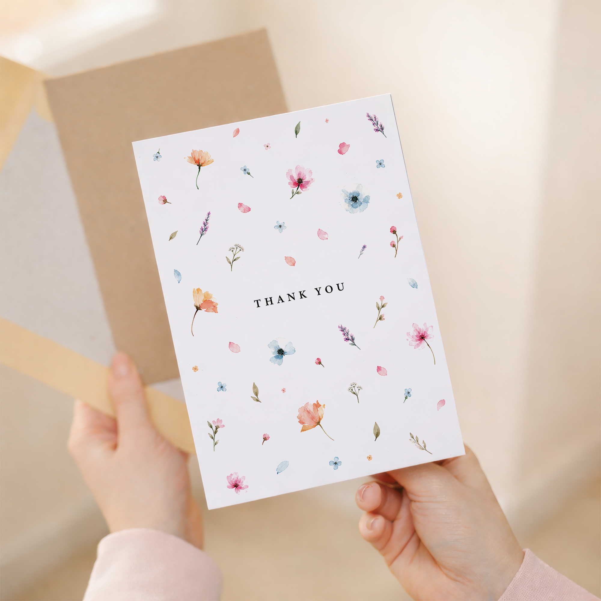 Thank You Card Scattered Watercolour Flowers Floral Greeting Card