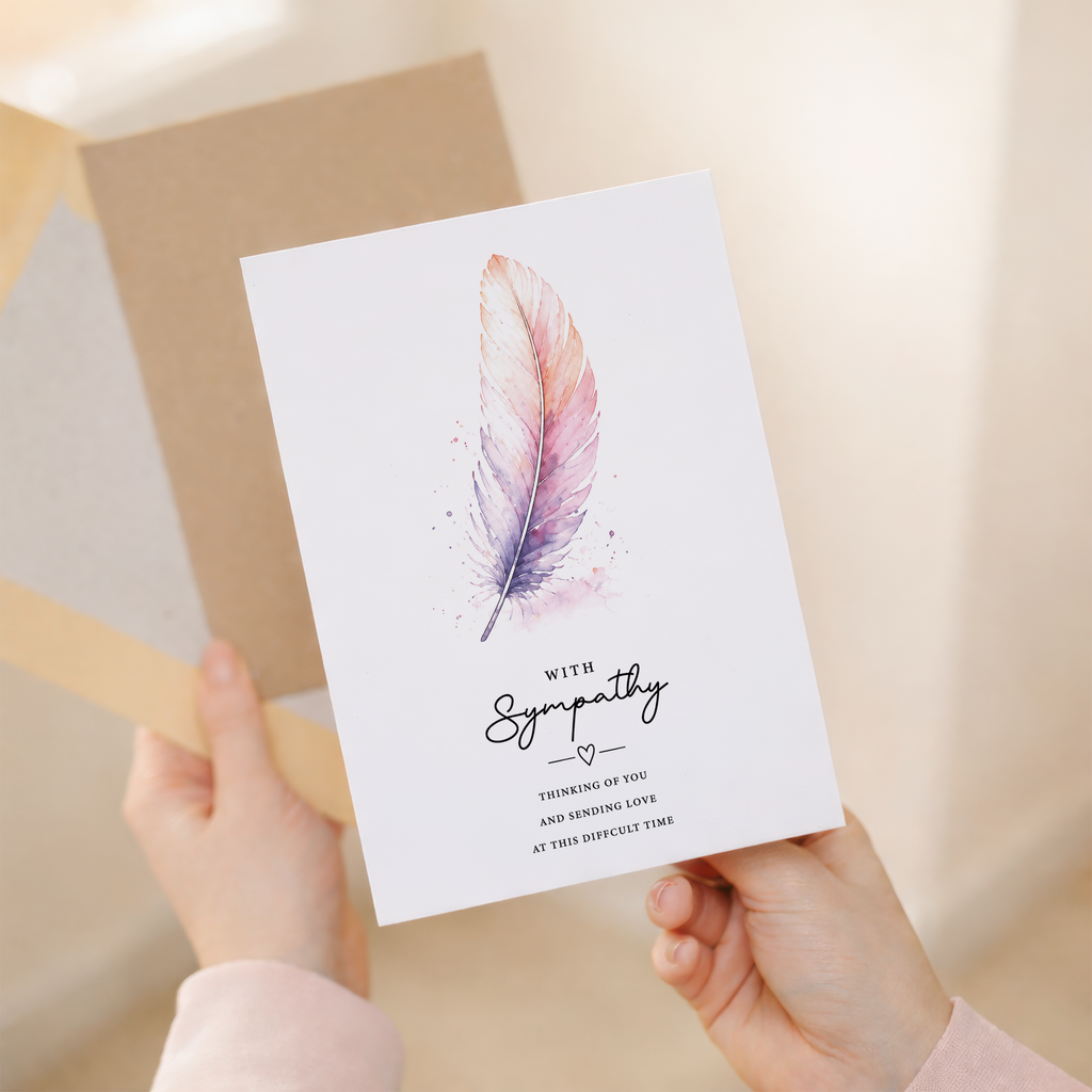 With sympathy card featuring a soft pink and purple watercolour feather illustration.