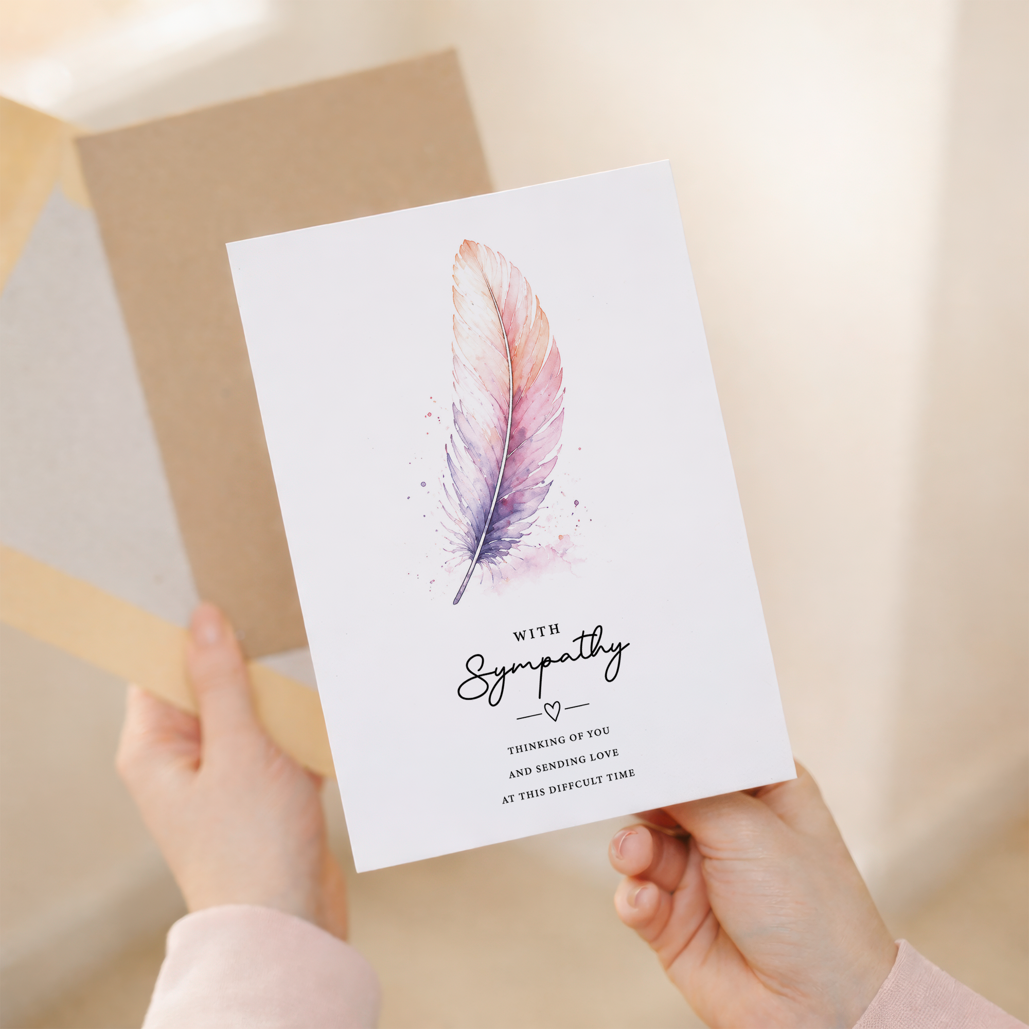 With sympathy card featuring a soft pink and purple watercolour feather illustration.