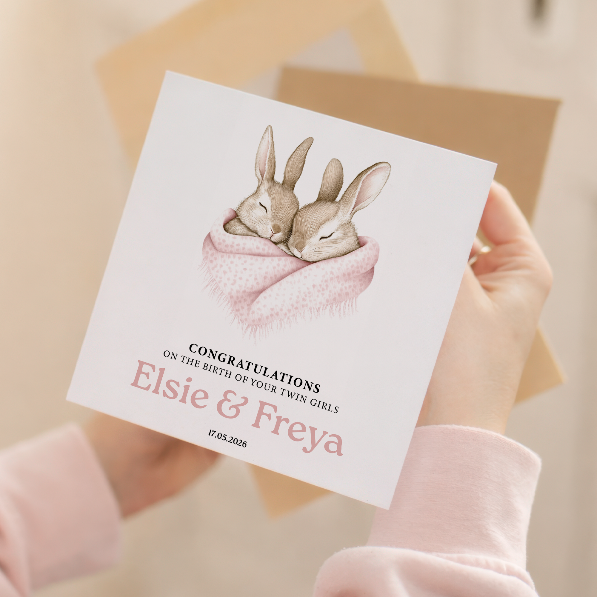 Personalised twin girls new baby card preview with bunny illustration.