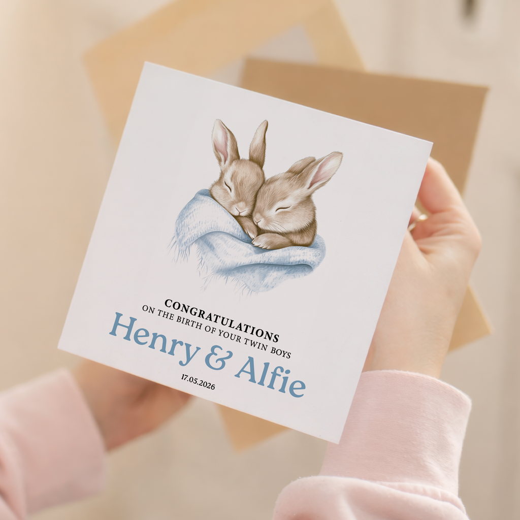Personalised twin boys new baby card preview with bunny illustration.