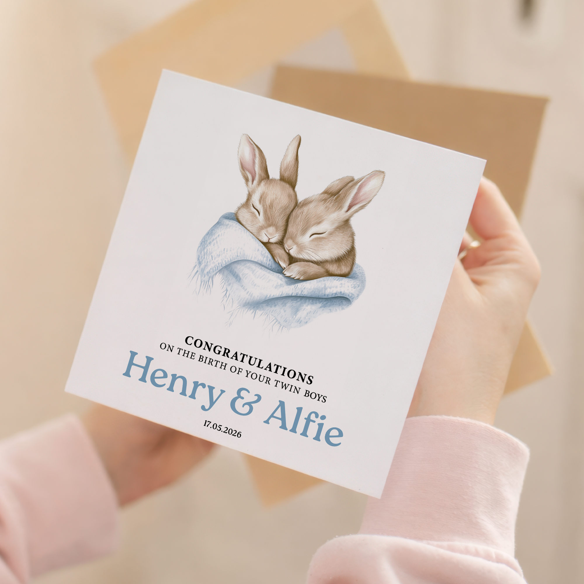 Personalised twin boys new baby card preview with bunny illustration.