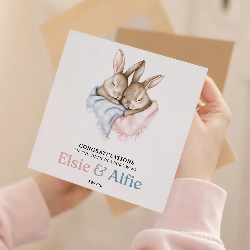 Personalised Twins New Baby Card With Bunny Illustration