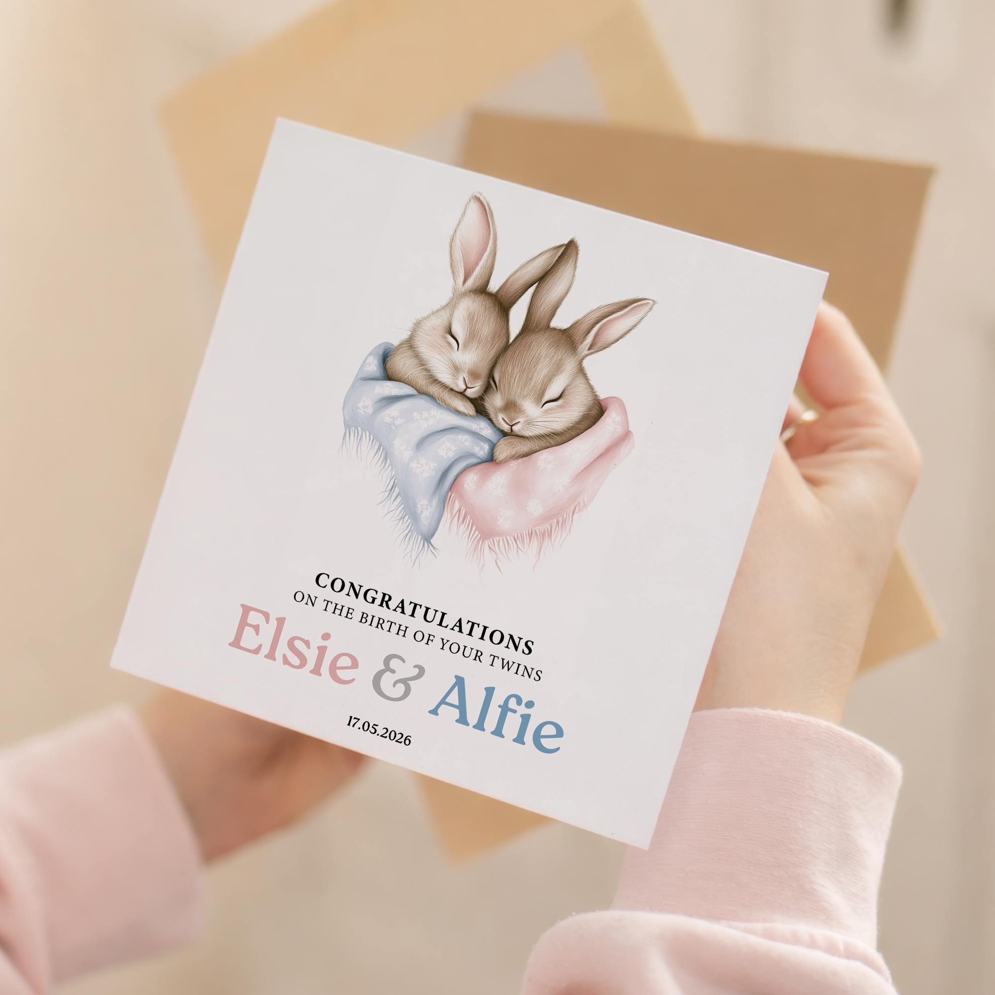 Personalised Twins New Baby Card With Bunny Illustration