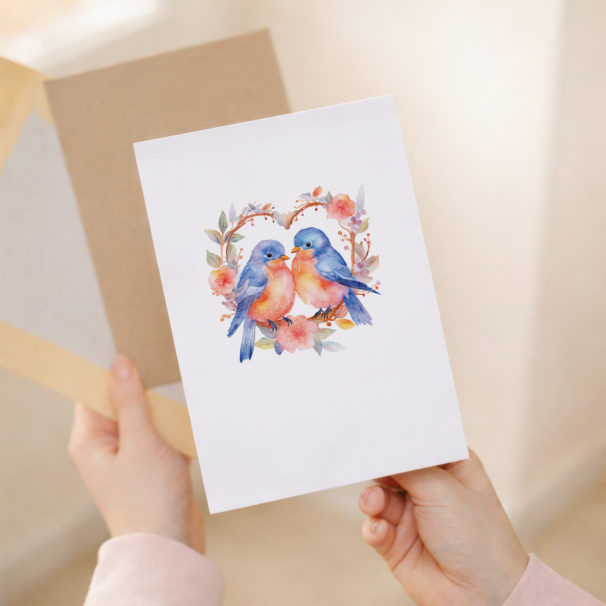 Hand-illustrated anniversary greeting card featuring two blue love birds perched on a floral branch with red flowers and green leaves.