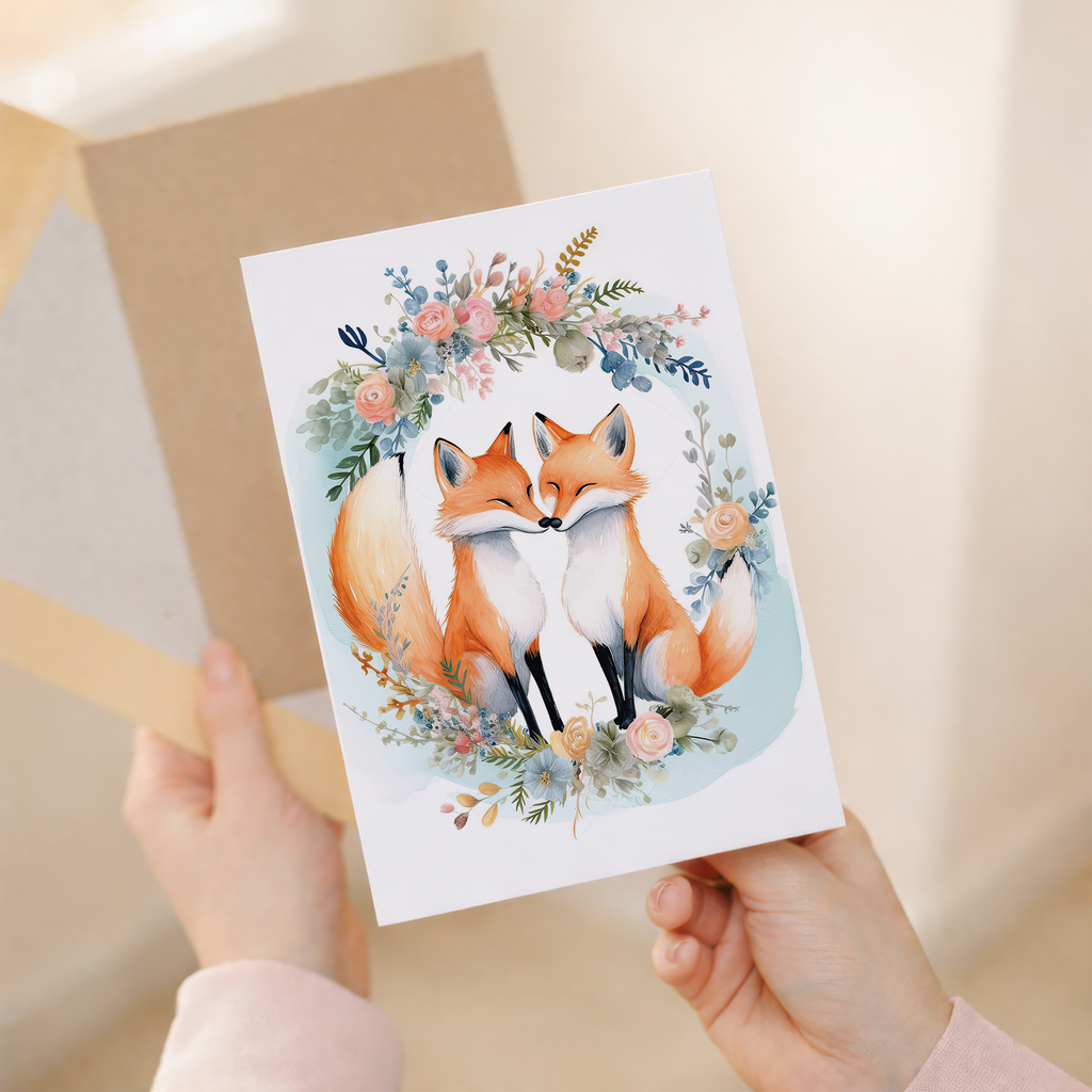 An illustrated anniversary greeting card featuring two cute foxes sitting together surrounded by a green and orange floral wreath on a white background.