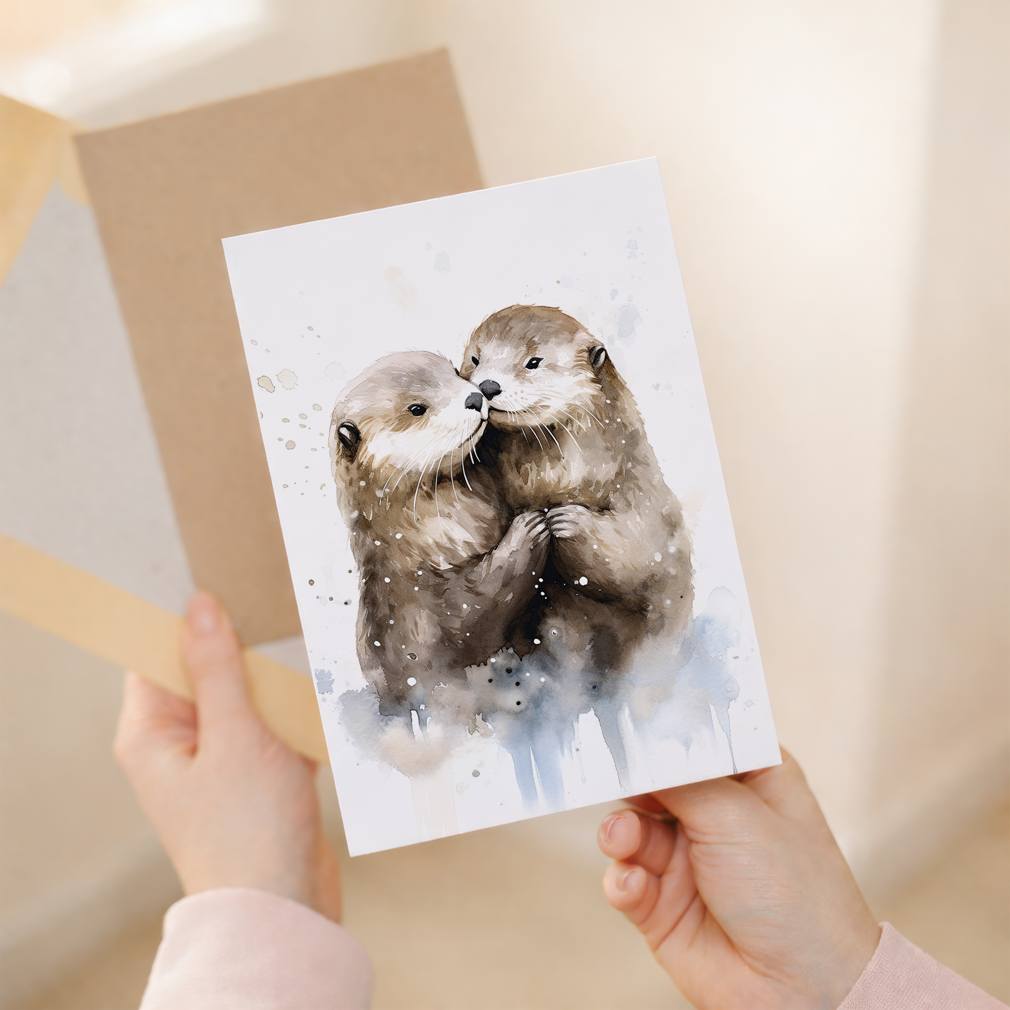 Illustration of two brown otters cuddling and holding hands with two small red hearts above them, set against a cream background.