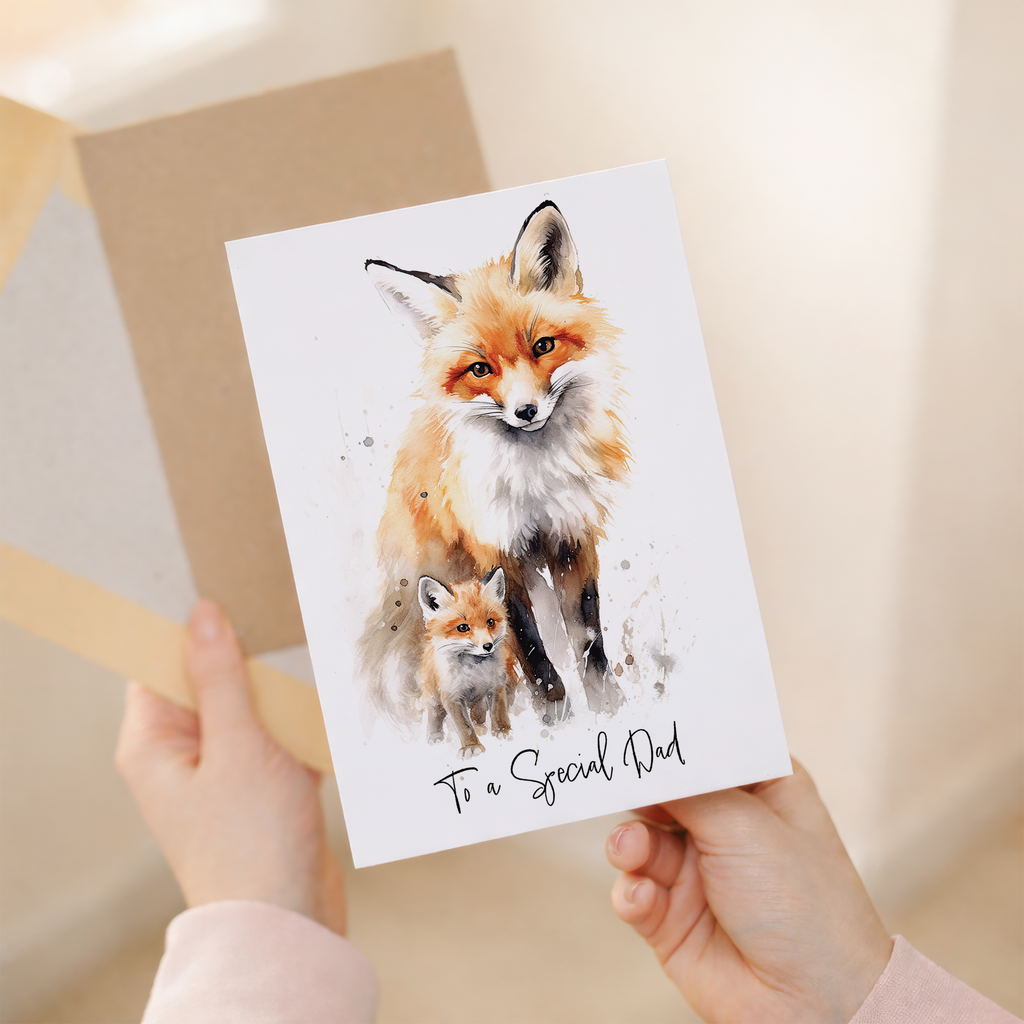 A portrait-oriented greeting card for Dad featuring a cute illustration of a fox with the text Happy Birthday Dad.