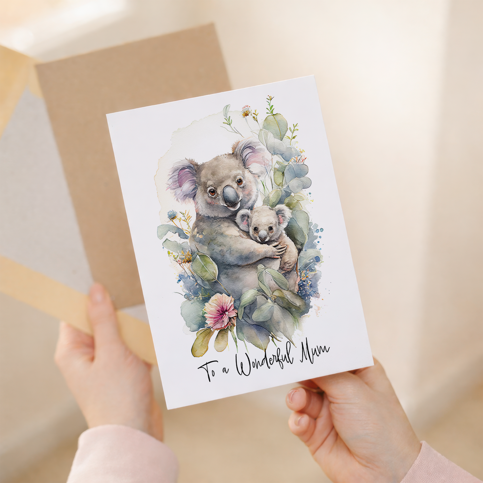 A cute koala illustration on a birthday or Mother's Day greeting card for Mum.