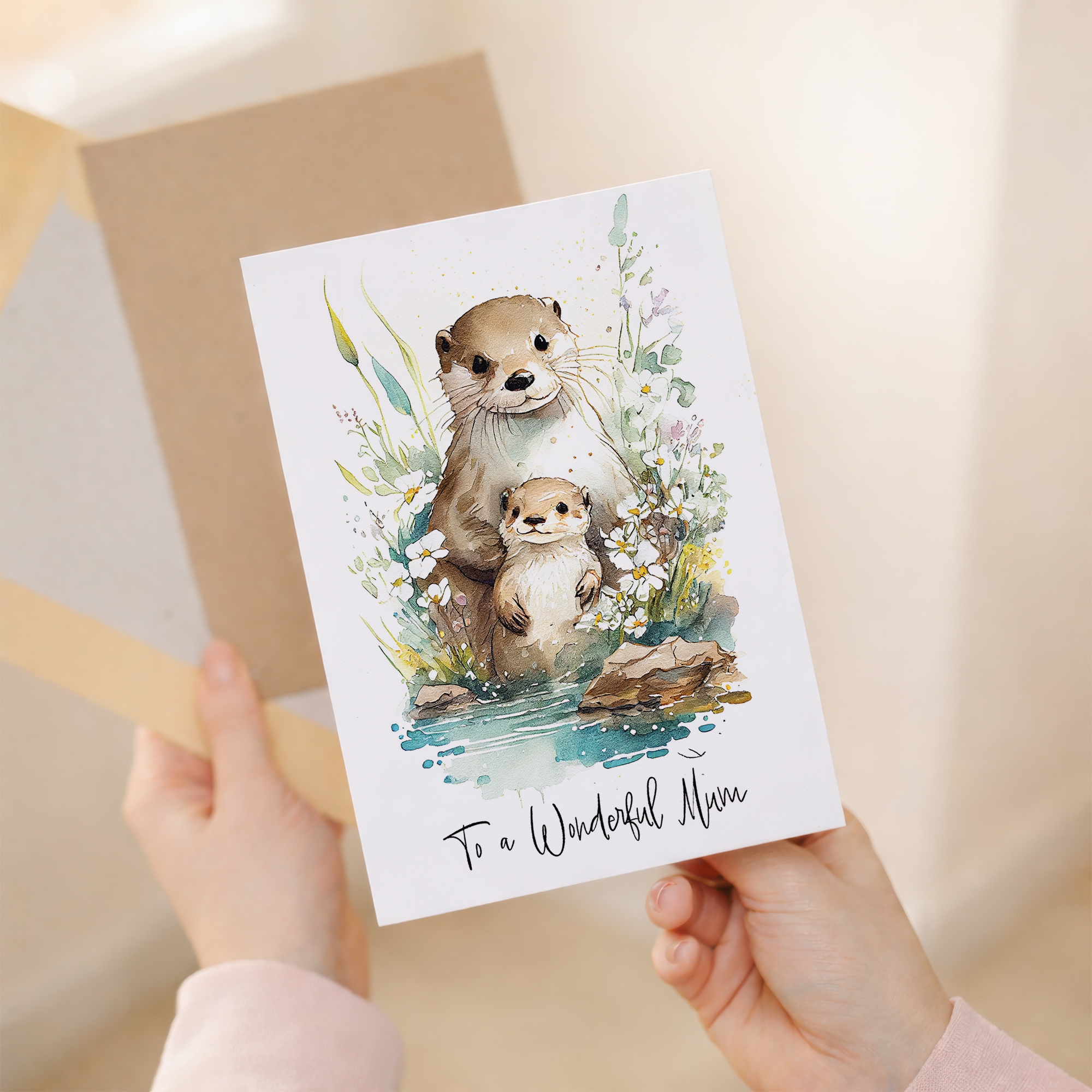 Cute otter illustration on a birthday or Mother's Day greeting card for mum.