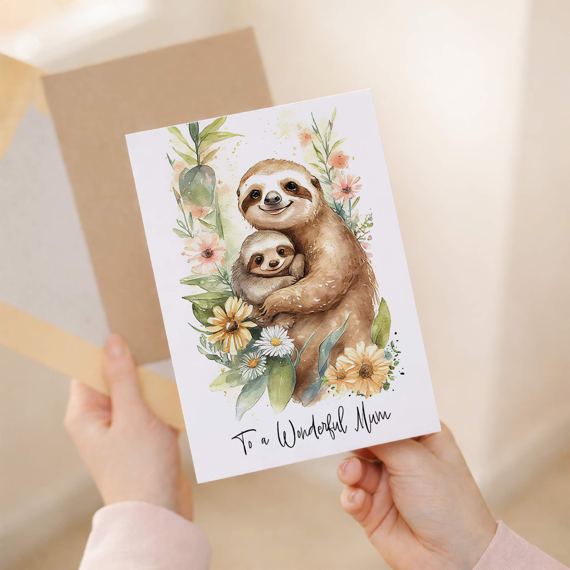 Illustration of a cute sloth with a birthday party hat, designed as a greeting card for a mum.