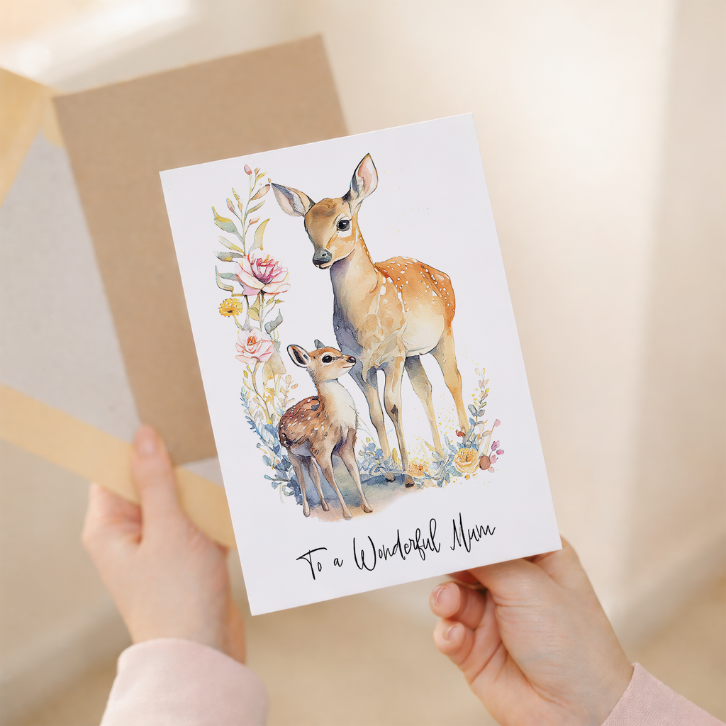 A minimalist greeting card for a mother's birthday or Mother's Day featuring a cute deer illustration and a kraft envelope.