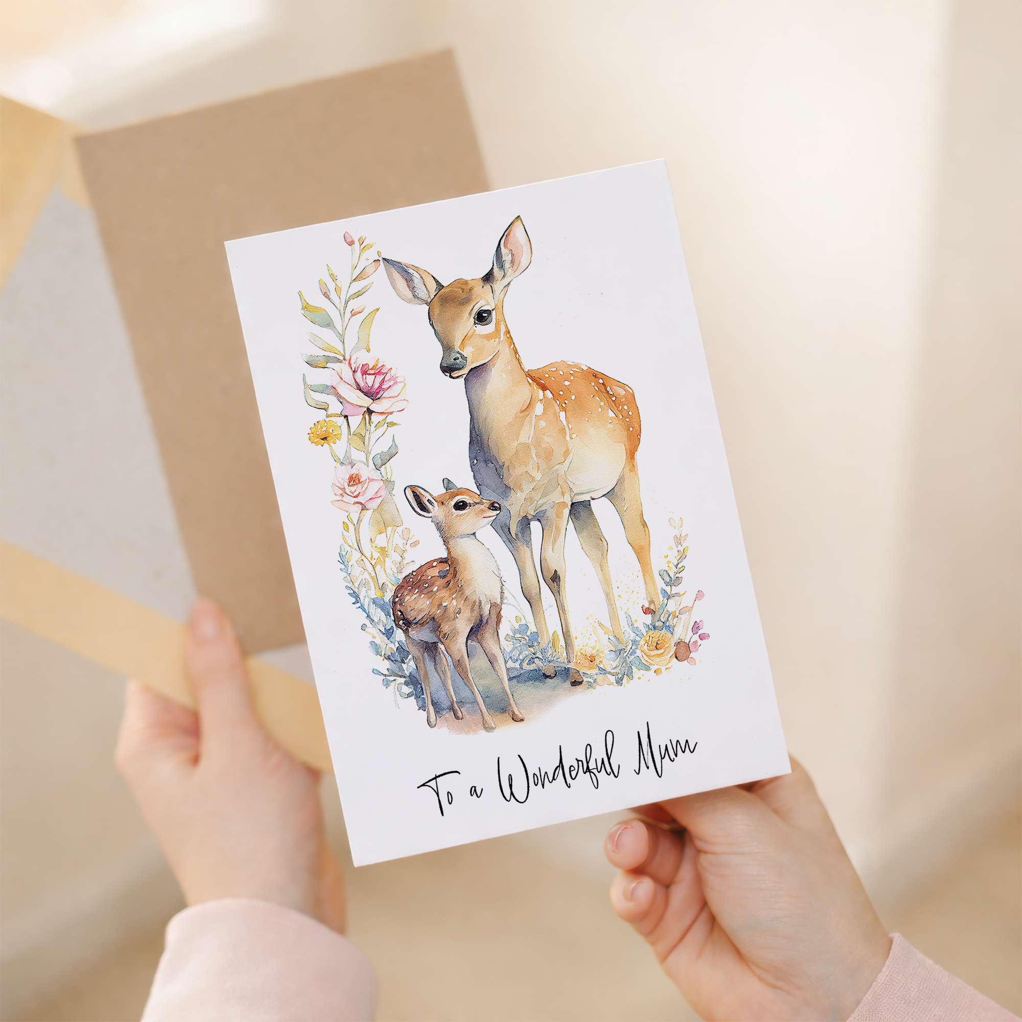 A minimalist greeting card for a mother's birthday or Mother's Day featuring a cute deer illustration and a kraft envelope.