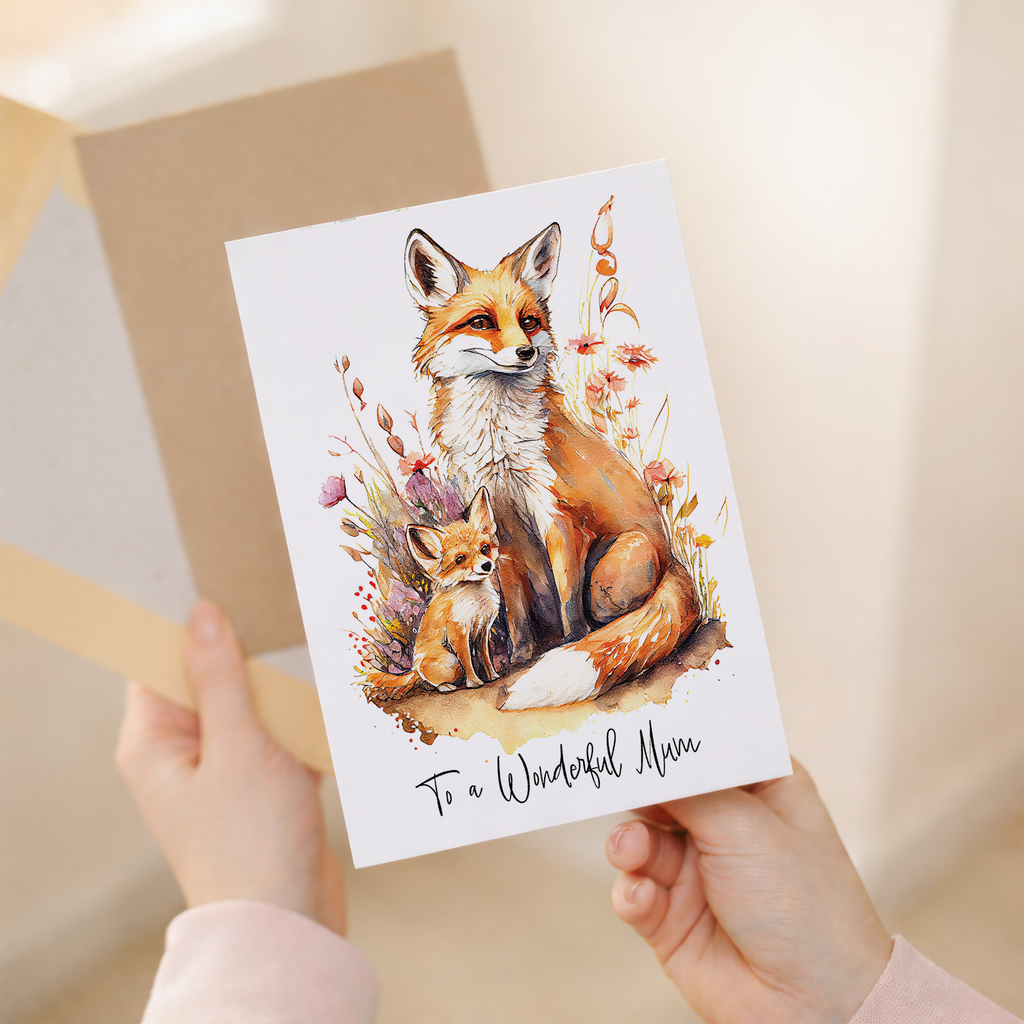 A cute birthday or Mother's Day greeting card for Mum featuring a charming fox illustration.